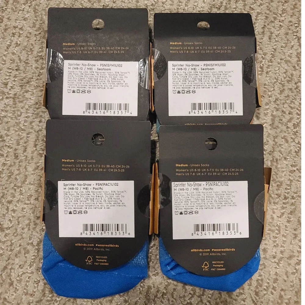 NWT allbirds Trino Sprinters No Show Socks LOT of 4 - MEDIUM Womens 8-10 / Men 8